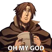 a man in a cape is holding a mug with the words oh my god written below him