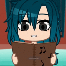 a girl with blue hair is reading a book with music notes on it and the words recording saved on the bottom