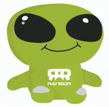 a stuffed green alien with a ransor logo on it