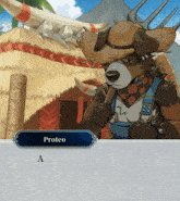 a cartoon character named proteo is holding a stick in front of a hut