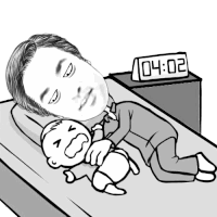 a black and white drawing of a man holding a baby and a clock that says 04:02