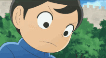 a close up of a cartoon character 's face with a blue shirt on