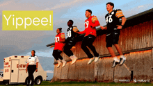 a group of people jumping in the air with the word yippee in the corner
