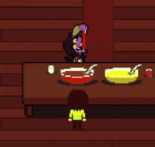 a pixel art of a person standing in front of a table with bowls of food .