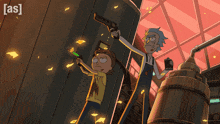 a cartoon of rick and morty holding guns with the words [ as ] on the bottom left