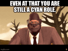 a man in a suit and tie is wearing a mask and glasses with the caption " even at that you are still a cyan role "