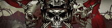 a drawing of a skull with a helmet and swords