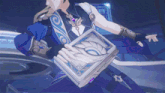 a cartoon character is holding a book that says ' a ' on it