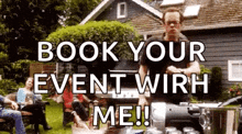 a man is standing in front of a grill with the words `` book your event with me '' .