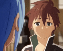 a boy with a sad look on his face looks at another boy with blue hair