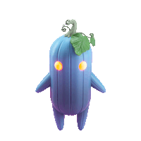 a blue pumpkin with yellow eyes and a green leaf
