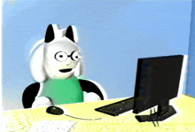 a cartoon character is sitting at a desk with a computer and mouse