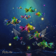 a painting of a cat surrounded by colorful fish with the word sappiness written in gold