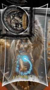 a picture of a woman with a lion queen emblem on it