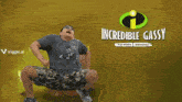 a man is dancing in front of a sign that says incredible gasy