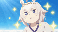 a girl with white hair and a purple shirt is surrounded by stars