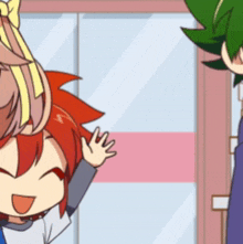 a girl with red hair is waving her hand in front of a man with green hair