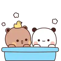 two bears are taking a bath together and one has a rubber duck on his head