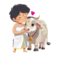 a cartoon drawing of a boy hugging a cow with the words miradoodles below it
