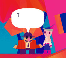 a cartoon character with a speech bubble with the letter t on it