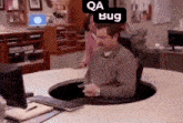 a man is sitting at a desk in front of a computer with a sign above him that says qa bug .