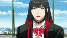 a girl with long black hair and red highlights is wearing a choker