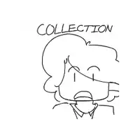a black and white drawing of a cartoon character with the words `` collection '' written on it .