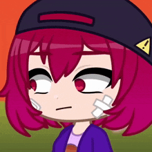 a close up of a cartoon character with pink hair wearing a hat