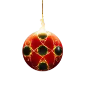 a red christmas ornament with black and gold circles on it