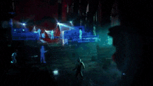 a skeleton is surrounded by red lights in a dark room with a warning sign .