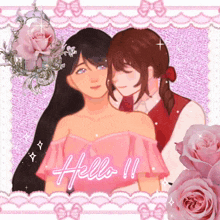 a girl in a pink dress is hugging another girl with the words hello written in neon