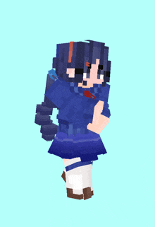 a girl in a blue dress and white socks is standing in front of a blue background