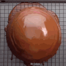 a chocolate covered cake is sitting on a cooling rack