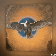 a painting of a white dove with its wings spread and a circle in the background with pixiz written below it