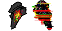 a drawing of a black object next to a drawing of a red and green striped object