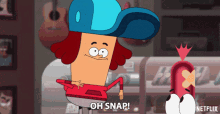 a cartoon character says " oh snap " in front of a guitar