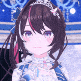 a close up of a anime girl with a tiara on her head