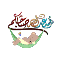 a teddy bear is sleeping in a hammock with arabic writing
