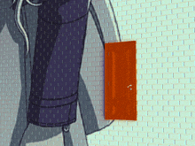 a brick wall with a red door and a shadow of a person