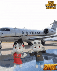 a couple of cartoon characters standing in front of a plane that says zhot