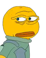 a cartoon character with a yellow head and blue eyes is wearing a green jacket