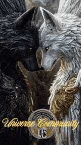 a black and white wolf standing next to each other with the words universe community on the bottom left
