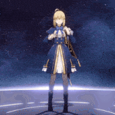 a girl in a blue and gold dress stands in front of a blue sky