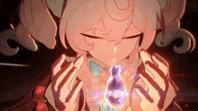 a girl with pink hair is holding a purple object in her hands