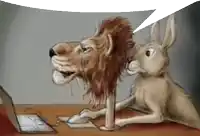 a cartoon of a lion and a rabbit looking at a computer screen