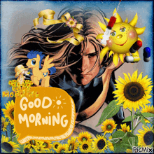 a picture of a man and a pony with the words good morning written on it
