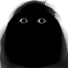 a black and white drawing of a person 's face with big eyes looking out of the shadows .