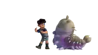 a boy is standing next to a purple monster with sharp teeth