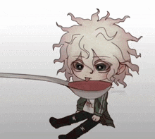 a drawing of a person holding a spoon with their tongue out