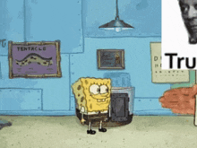 a cartoon of spongebob squarepants is standing in a room with a tentacle painting on the wall .